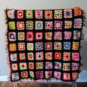 VTG Black Colorful Knit Fringe Trim Granny Square Knit Handmade Throw Blanket